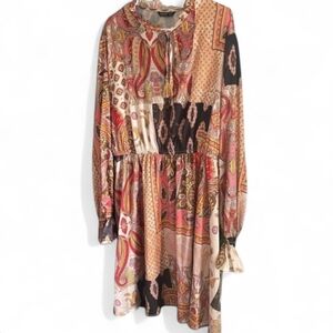 Patchwork  Print Tan Black Chiffon Boho Comfy Work Cute Midi Dress Size 2X